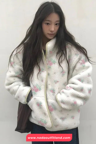 Person wearing a white floral-patterned jacket against a plain background