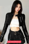 Long Sleeve Classic Cropped Leather Black Jacket