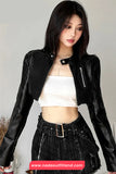 Long Sleeve Classic Cropped Leather Black Jacket