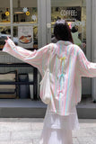 Long Sleeve Rainbow Striped With Back Cute Bow Blouse Shirt