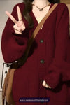Long Sleeve V-Neck Knitted Maroon Cardigan Sweater