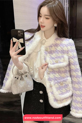 Long Sleeve Purple Plaid Elegant Office Jacket