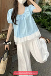 Puff Sleeve Lace Spliced Summer Blouse Shirt