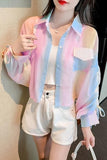 Long Sleeve Lace Tie Gradient Colors Cropped Shirt