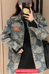 Long Sleeve Retro Flowers Pattern Denim Blouse Shirt