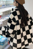 Loose Padded Checkered Plaid Fur Jacket