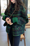 Loose Bat Sleeve Woolen Green Plaid Coat Jacket