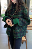 Loose Bat Sleeve Woolen Green Plaid Coat Jacket