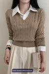 Two Piece Style Collar Shirt V-Neck Sweater