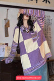 Long Sleeve Turn Down Collar Knitted Purple Plaid Sweater