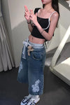 Loose Flowers Pattern Casual Denim Shorts