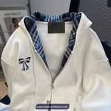 Loose Hooded Plaid Sided Retro Bow Sweatshirt