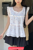 Sleeveless Hearts Printed Lace Patchwork Blouse Shirt