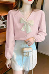 Long Sleeve V-Neck Cute Bow Blouse Shirt