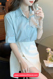 Short Sleeve Striped Pattern Office Blouse Shirt