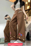 Cartoon Embroidered With Plaid Patchwork Loose Pants