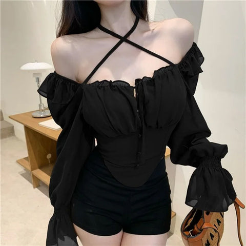 Long Sleeve Sexy Cross Hanging Neck Shirt