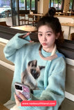 Long Sleeve O-Neck Cute Cat Blue Sweater