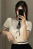 Short Sleeve Drawstring Tie Knitted Shirt