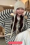 Long Sleeve Knitted Striped Hooded Cardigan Sweater