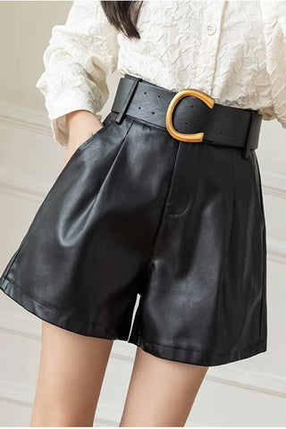 High Waist Elegant Belt Office Leather Shorts