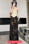 Elastic Waist Floral Pattern Black Long Pants