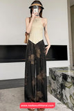 Elastic Waist Floral Pattern Black Long Pants