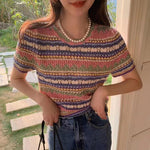 Retro Knitted Hollow Out Striped Slim Shirts
