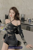 Long Sleeve Tie Dye Sexy Halter Neck Cropped Slim Shirt