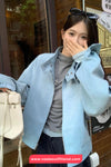 Long Sleeve Stand Collar Simple Blue Zipper Jacket
