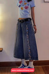 Loose Retro Floral Decoration Jeans Pants