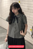 Short Sleeve Doll Collar Plaid Pattern Blouse Shirt