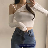 Long Sleeve Sexy One Shoulder Cropped Slim Shirt