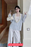Long Sleeve 3D Floral Open Collar Striped Blouse Shirt