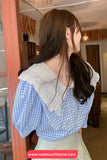 Short Sleeve Peter Pan Collar Plaid Blouse Shirt