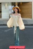 Cute Bow Bubble Sleeve Off Shoulder Blouse Shirt