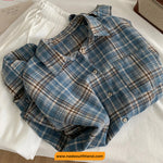 Long Sleeve Blue Plaid Classic Blouse Shirt