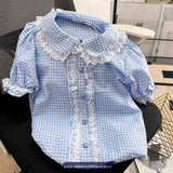 Short Sleeve Cute Sweet Plaid Lace Blouse Shirt