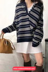 Long Sleeve Vintage Knitted Striped Button Sweater
