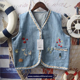 Cute Garden Embroidered V-Neck Lace Stitching Denim Vest