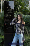 Long Sleeve Striped Slash Neck Cropped Cardigan Sweater