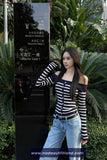 Long Sleeve Striped Slash Neck Cropped Cardigan Sweater