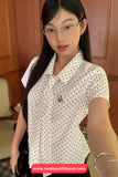 Short Sleeve Full Polka Dots Pattern Tie Blouse Shirt