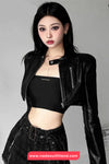 Long Sleeve Classic Cropped Leather Black Jacket