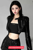 Long Sleeve Classic Cropped Leather Black Jacket
