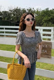 Short Sleeve Square Collar Plaid Blouse Shirts