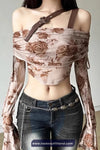 Long Sleeve Roses Pattern Off Shoulder Flare Shirt