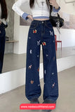 Cute Puppy Pattern Embroidered Retro Jeans Pants