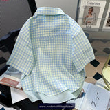 Short Sleeve Cute Flower Pocket Embroidered Plaid Blouse Shirt