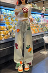 High Waist Cute Mushroom Embroidered Jeans Pants